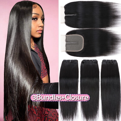 #ad Indian 8A Human Hair 3Bundles With Frontal 4*4 Lace Closure Virgin Weave Weft US $24.91