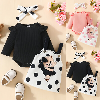Cute Baby Girls Pullover T shirts Polka Dot Suspender Pants Bowknot Outfit Sets $19.07