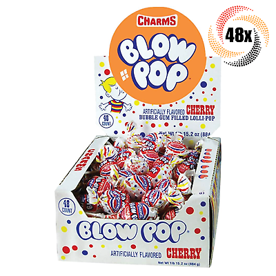 #ad Full Box 48x Pops Charms Cherry Blow Pops Bubble Gum Filled Lollipops .65oz $25.65