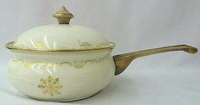 #ad Vintage Cookware Brass Handle Enamel Saucepan Pot Floral Design White amp; Gold RD $33.59
