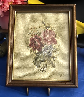 Vintage Needlework Bouquet If FlowerStitched Embroidery Wall Art Framed NICE $24.99