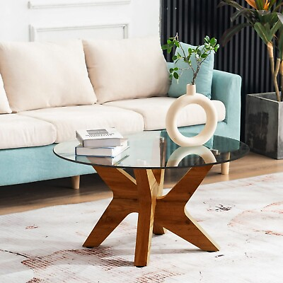 Ivinta Modern Round Glass Coffee Table with Cross Wood Legs for Living Room $184.00