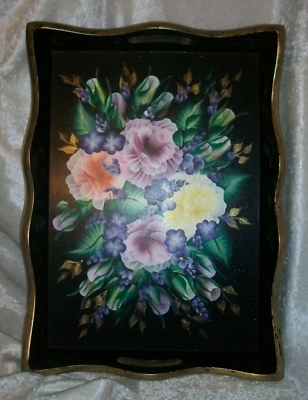 Hand Painted Black Floral Tole Wood Decorative 18x13 Vintage Butler Serving Tray $118.40