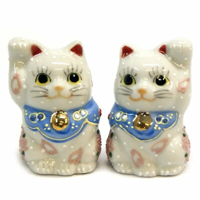 #ad Kutani Japanese Pair Maneki Neko Lucky Cats Sakura Ceramic From Japan $73.06