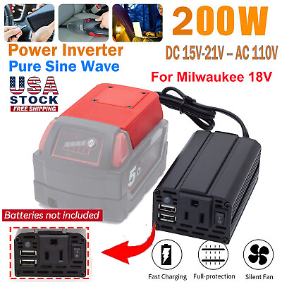 #ad 200W 110V Power Supply Inverter For Milwaukee 18V Battery w AC Outletamp;2 USB US $30.47