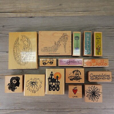 Lot of 15 Assorted Mounted Rubber Stamps $12.99