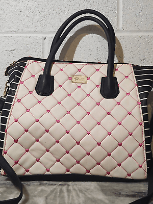 Betsy Johnson Black White Striped White Pink Quilted Faux Leather Satchel Purse $31.50