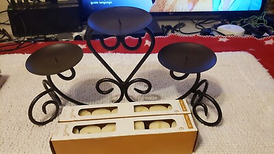 #ad VINTAGE BLACK IRON TRIPLE CANDLE STAND FOR MANTLE OR TABLE amp; 12 SM CANDLES $34.90