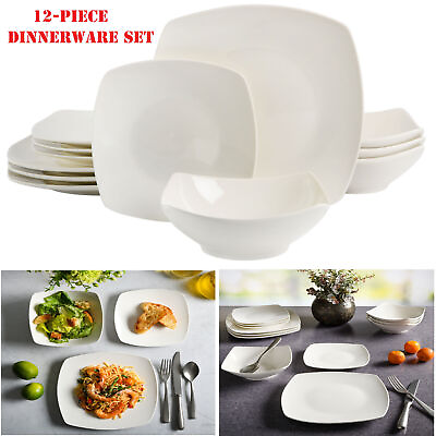 #ad 12 Piece Ceramic Square Dinnerware Set Dinner Plates Dish Service For 4 White $23.96