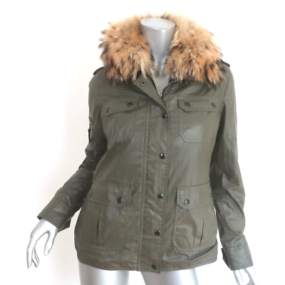 #ad SAM Fur Lined Utility Jacket Khaki Green Coated Canvas Size Small $275.00
