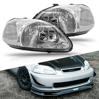 Fits 1996 1998 Honda Civic Headlight Head Light Lamps Replacement Chrome Pair LR $75.99