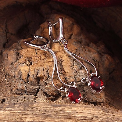 2ct Simulated Red Garnet Hanging LeverBack Drop Earrings 14k White Gold Plated $119.99