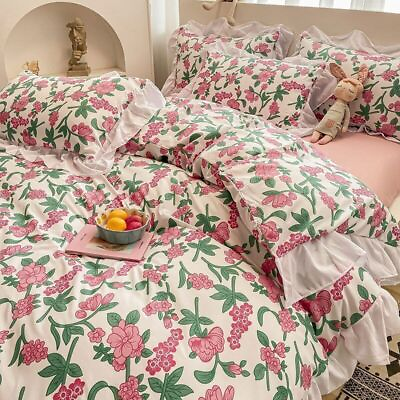 #ad Luxury Flowers Printed Bedding Set Ruffles Duvet Cover Bed Sheet Pillowcases $123.77