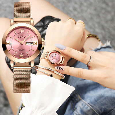 #ad Women Fashion Mesh Strap Quartz Watch Watch Luminous Waterproof Dual Calendar $12.65