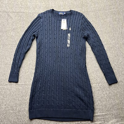 #ad Polo Ralph Lauren Cable Knit Sweater Dress Sz Medium Navy Blue Long Sleeve NWT $99.99