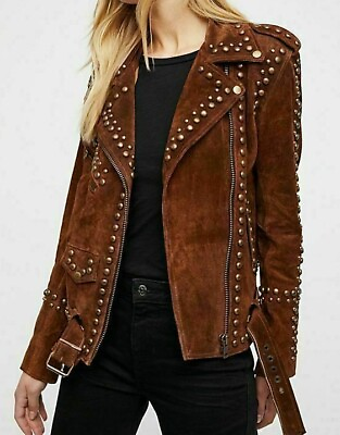 #ad women Suede Studded Leather Jacket motorcycle jacket Zipper biker jacket $129.99