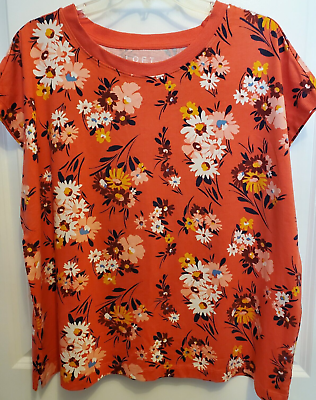 #ad Loft coral multi color floral cap sleeve knit top size XL $15.30
