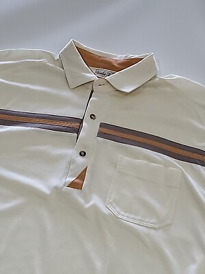 #ad Vintage 1970#x27;s Harbor Town SS Poly Blend Pocket Collar Shirt Off White Cppr Gry $25.00