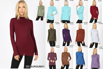 #ad Cotton Long Sleeve Mock Neck Top Turtle Neck T Shirt Solid Stretch Quality Top $11.90