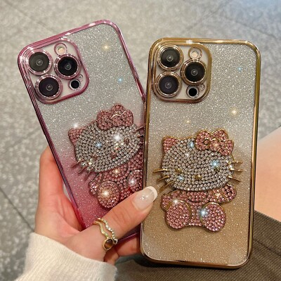 For iPhone 15 14 Pro Max 13 12 11 Cute Hello Kitty Cat Glitter Bling Case Cover $10.99