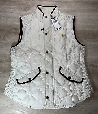 #ad NWT Polo Ralph Lauren Womens Vest Cream L Full Zip Quilted Vest Chic Sleeveless $87.29
