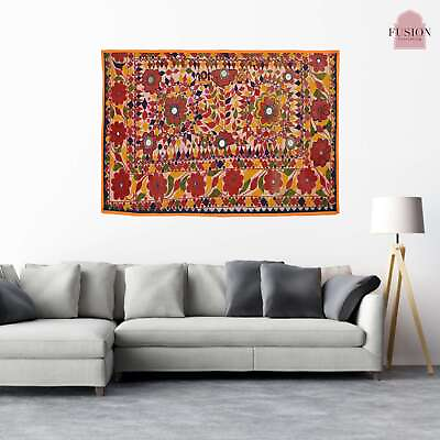 Floral Painting Cotton Embroidery Wall Tapestry Vintage Textile Wall Hanging $111.05
