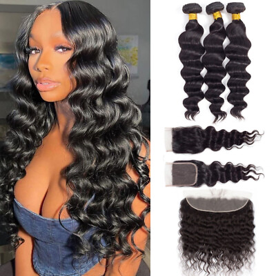 #ad 10A Human Hair Loose Deep Wave Bundles with Closure 13×4 Lace Frontal Remy Hair $99.68