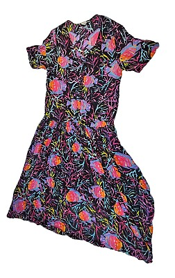 Vintage Womens M Short Sleeve Boho Hippie Rayon Maxi Dress Coral Fish Colorful #ad $11.00