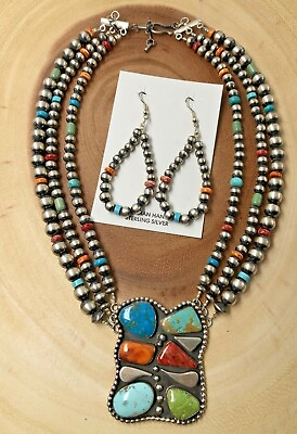 #ad 3 Strand Navajo Necklace amp; Earrings Set Navajo Pearl Sterling Silver 25quot; Long $1200.00