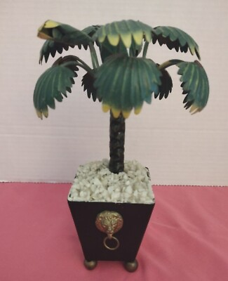 Tole Metal Potted Palm In Planter Candle Holders Lion Head Handles Regency VTG $75.00