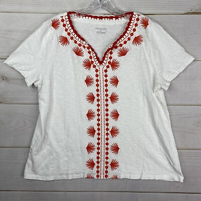 #ad Talbots Top Womens XL White Red Embroidered V Neck Cotton Knit Short Sleeve $29.99