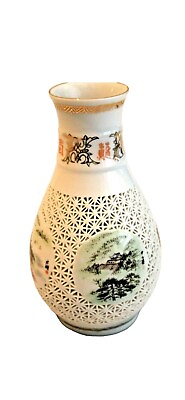 #ad #ad Asian White Porcelain 6.5quot; Bud Vase Lattice Cut Outs 4 Hand Painted Scenes Trees $33.59