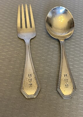 #ad Dominick Haff QUEEN ANNE Sterling Silver Baby Spoon Fork Set Plain 1910 mono $49.95