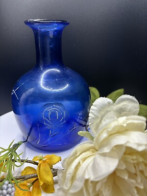 #ad Vase Deep Blue Glass Bottle Shaped Vase Hand Cut Floral Decanter Vintage $45.00