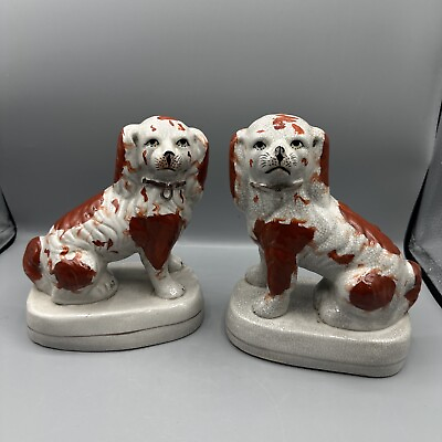 #ad Staffordshire Russet White Spaniels Pedestals 9quot; Dogs English Unmarked Pair $189.99