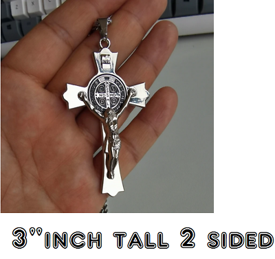 #ad Large Men CROSS JESUS FAITH Silver Pendant 24quot; Necklace FREE 925 Sterling GIFT $19.86