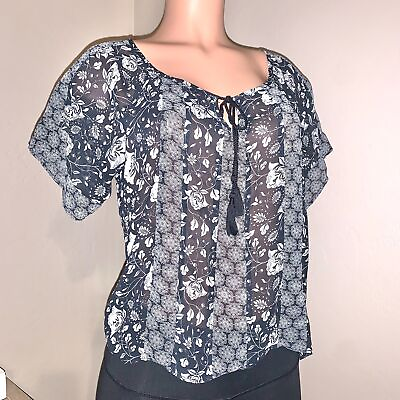 American Eagle Outfitters Ladies sz XS Sheer Floral Short Sleeve Blouse Top Navy $1.98