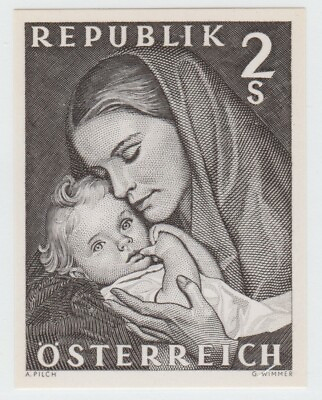 #ad Austria 1968 POSTAL Proof Black Print Stamp 9 18 21 MNH Gum Mother Child $9.95