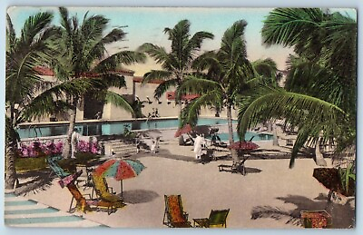 #ad Miami Florida FL Postcard Nautilus Aerial View Swimming Pool c1940 Hand Colored $19.95