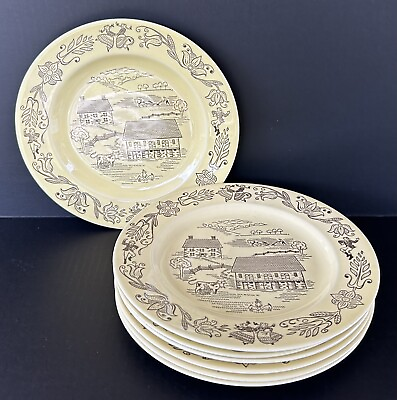 #ad Royal China Bucks County Yellow Dinner Plates 10quot; Set Of 7 Amish Farm Scene $100.00