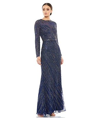 #ad Mac Duggal 5240 Beaded Column Gown Size 16 Midnight Blue Long Sleeves $598 NWT $220.00