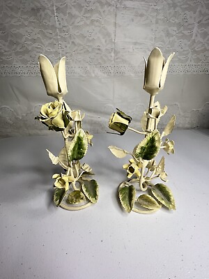 Italian Tole Ware Metal Candle Holders 9” Vintage Cottagecore Floral Cream Green $45.00