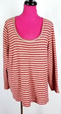 #ad J Jill Pullover Sweater Womens Size XL Red Brown Striped Stretch Long Sleeve Top $16.21