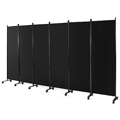 #ad 6 Panel Folding Room Divider 6FT Rolling Privacy Screen w Lockable Wheels Black $119.99