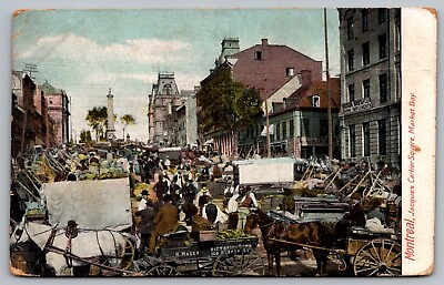 #ad Montreal Jacques Cartier Square Market Day Street View Horses Wagons PM Postcard $12.00