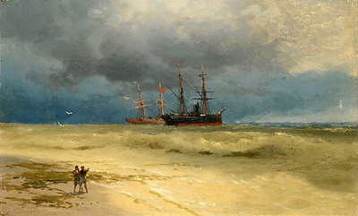 Oil painting Shipping through rough waters Two ships anchored off a beach canvas $69.29
