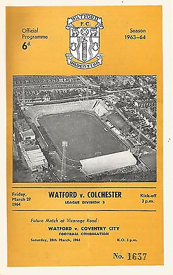 #ad Watford v Colchester United Div 3 27 3 1964 Football Programme GBP 1.00