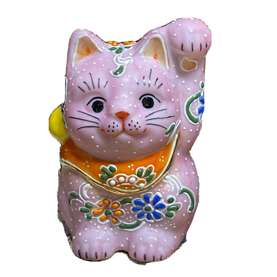#ad Japanese Kutani ware Kutaniyaki ceramic Maneki Neko Lucky Cat from Japan Pink $139.50