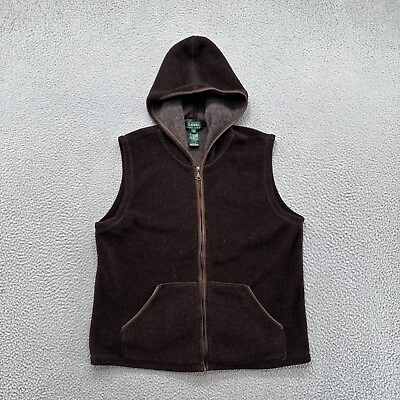 #ad Lauren Ralph Lauren Hooded Brown Fleece Vest With Leather Trim Size Medium Read $14.99