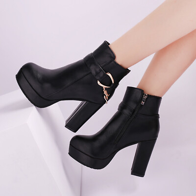 #ad Womens Block High Heels Round Toe Ankle Boots Zipper Platform Pumps Shoes Party $44.87
